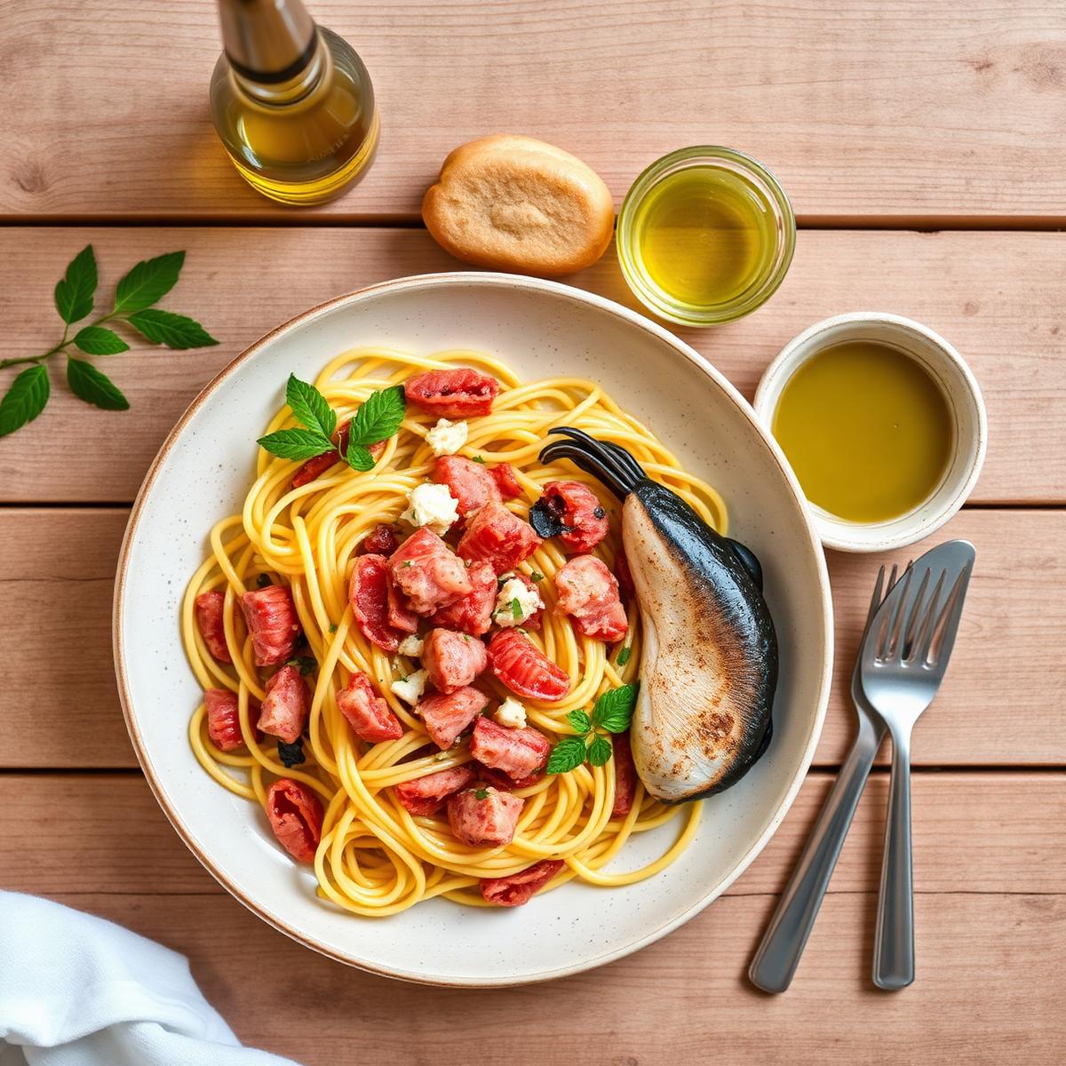 Orecchiette pasta and Puglian food on a rustic table